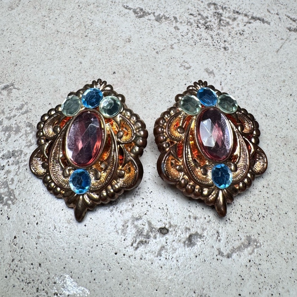 Vintage 80s Gold-Toned Clip Earrings w/ Pink & Blue Rhinestones